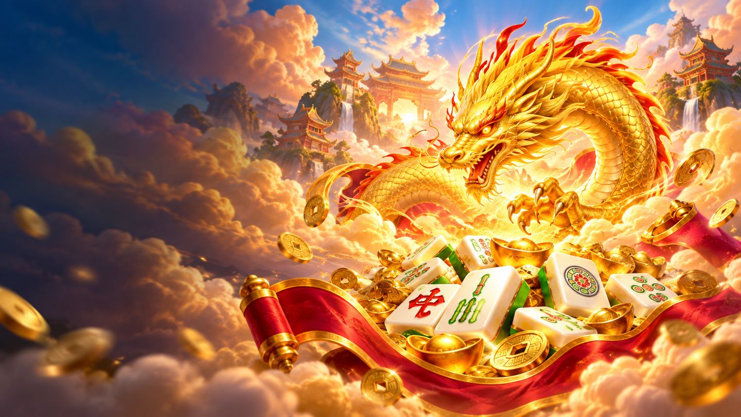 Illustrative artwork of a golden dragon above mahjong tiles and gold coins